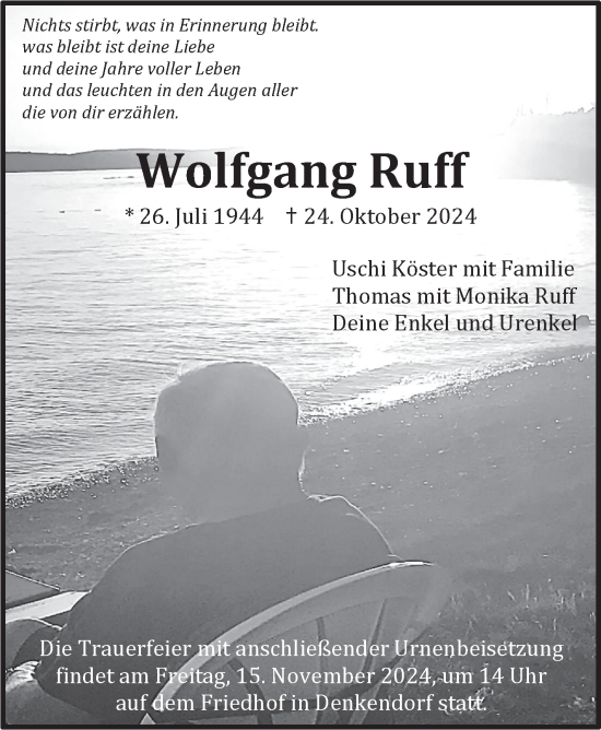 Traueranzeige von Wolfgang Ruff von Eßlinger Zeitung/Cannstatter Zeitung