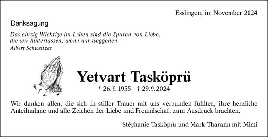Traueranzeige von Yetvart Tasköprü von Eßlinger Zeitung/Cannstatter Zeitung
