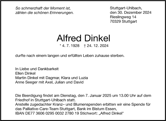 Traueranzeige von Alfred Dinkel von Eßlinger Zeitung/Cannstatter Zeitung