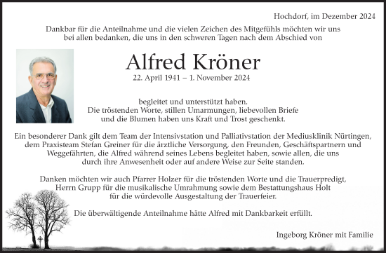 Traueranzeige von Alfred Kröner von Eßlinger Zeitung/Cannstatter Zeitung