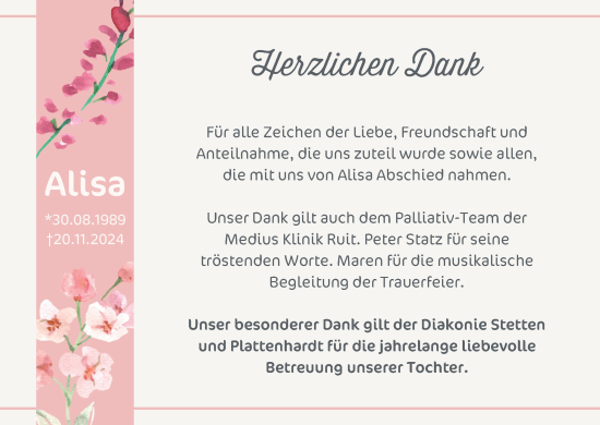 Traueranzeige von Alisa  von Eßlinger Zeitung/Cannstatter Zeitung