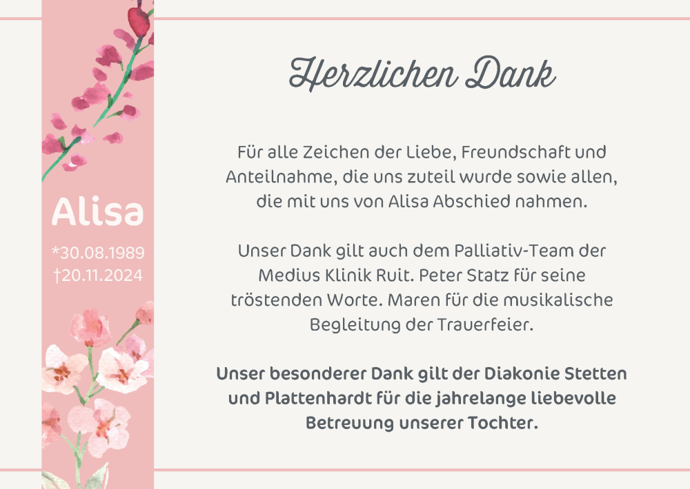  Traueranzeige für Alisa  vom 04.12.2024 aus Eßlinger Zeitung/Cannstatter Zeitung