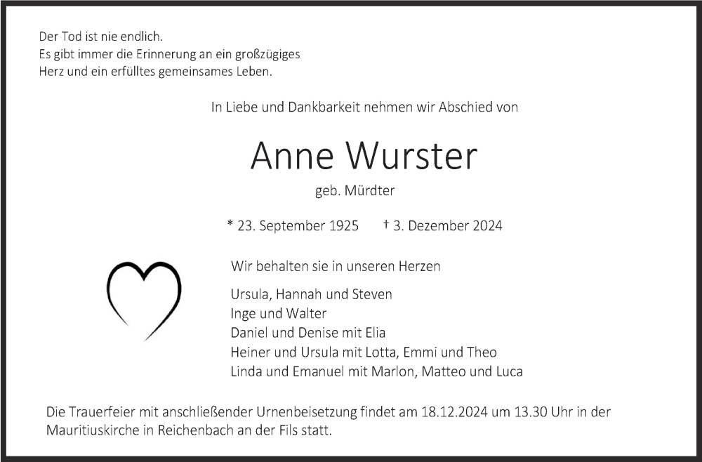  Traueranzeige für Anne Wurster vom 13.12.2024 aus Eßlinger Zeitung/Cannstatter Zeitung