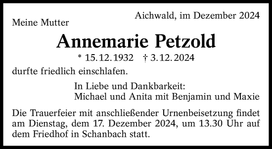 Traueranzeige von Annemarie Petzold von Eßlinger Zeitung/Cannstatter Zeitung