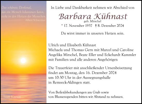 Traueranzeige von Barbara Kühnast von Eßlinger Zeitung/Cannstatter Zeitung