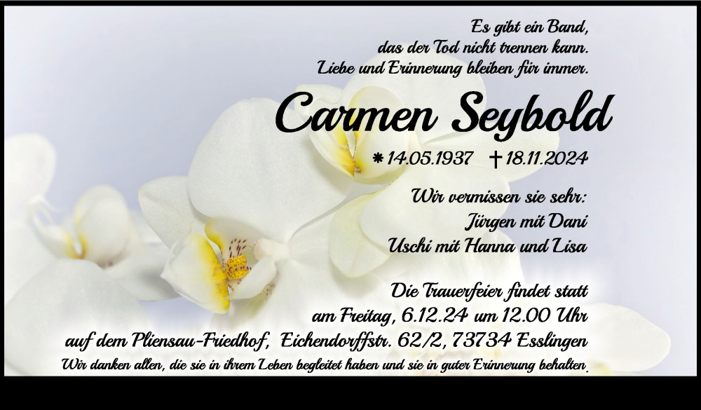  Traueranzeige für Carmen Seybold vom 30.11.2024 aus Eßlinger Zeitung/Cannstatter Zeitung