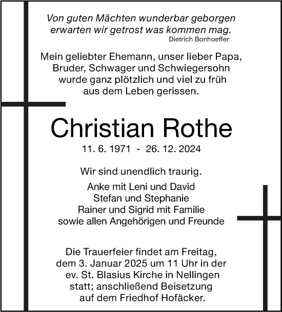 Traueranzeige von Christian Rothe von Eßlinger Zeitung/Cannstatter Zeitung