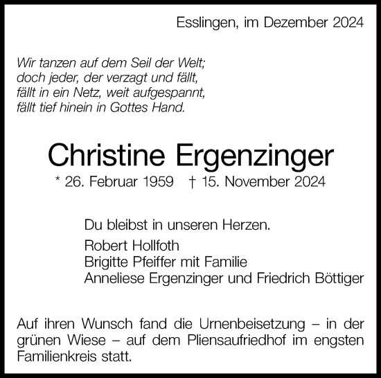Traueranzeige von Christine Ergenzinger von Eßlinger Zeitung/Cannstatter Zeitung