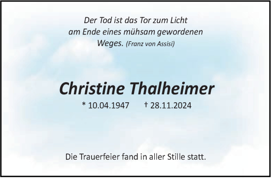 Traueranzeige von Christine Thalheimer von Eßlinger Zeitung/Cannstatter Zeitung