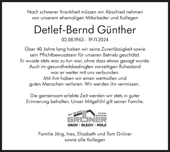 Traueranzeige von Detlef-Bernd Günther von Eßlinger Zeitung/Cannstatter Zeitung