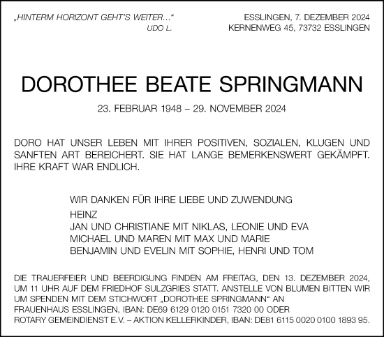 Traueranzeige von Dorothee Beate Springmann von Eßlinger Zeitung/Cannstatter Zeitung