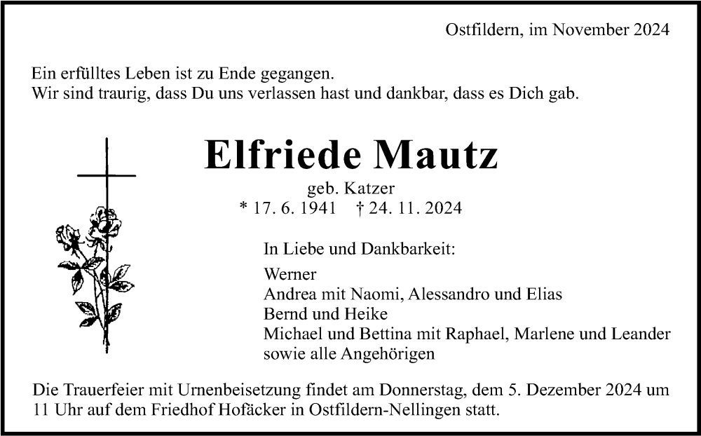  Traueranzeige für Elfriede Mautz vom 30.11.2024 aus Eßlinger Zeitung/Cannstatter Zeitung