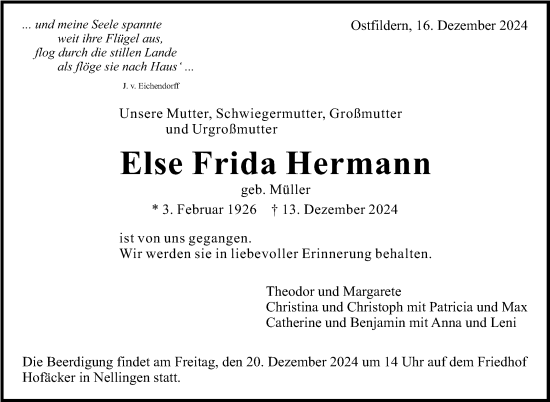 Traueranzeige von Else Frida Hermann von Eßlinger Zeitung/Cannstatter Zeitung