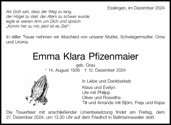 Traueranzeige von Emma Klara Pfizenmaier von Eßlinger Zeitung/Cannstatter Zeitung