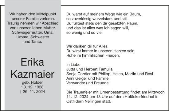 Traueranzeige von Erika Kazmaier von Eßlinger Zeitung/Cannstatter Zeitung