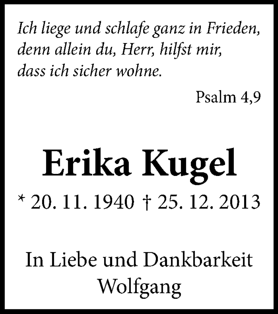  Traueranzeige für Erika Kugel vom 24.12.2024 aus Eßlinger Zeitung/Cannstatter Zeitung
