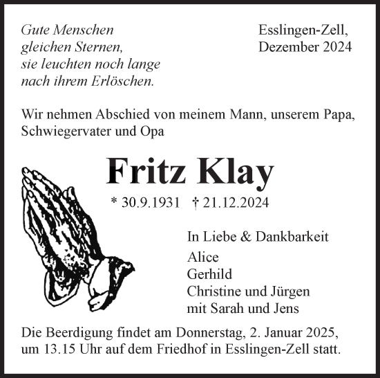Traueranzeige von Fritz Klay von Eßlinger Zeitung/Cannstatter Zeitung