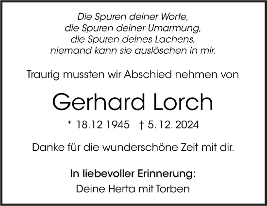 Traueranzeige von Gerhard Lorch von Eßlinger Zeitung/Cannstatter Zeitung