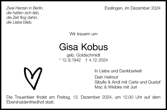 Traueranzeige von Gisa Kobus von Eßlinger Zeitung/Cannstatter Zeitung