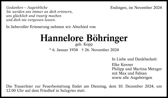 Traueranzeige von Hannelore Böhringer von Eßlinger Zeitung/Cannstatter Zeitung