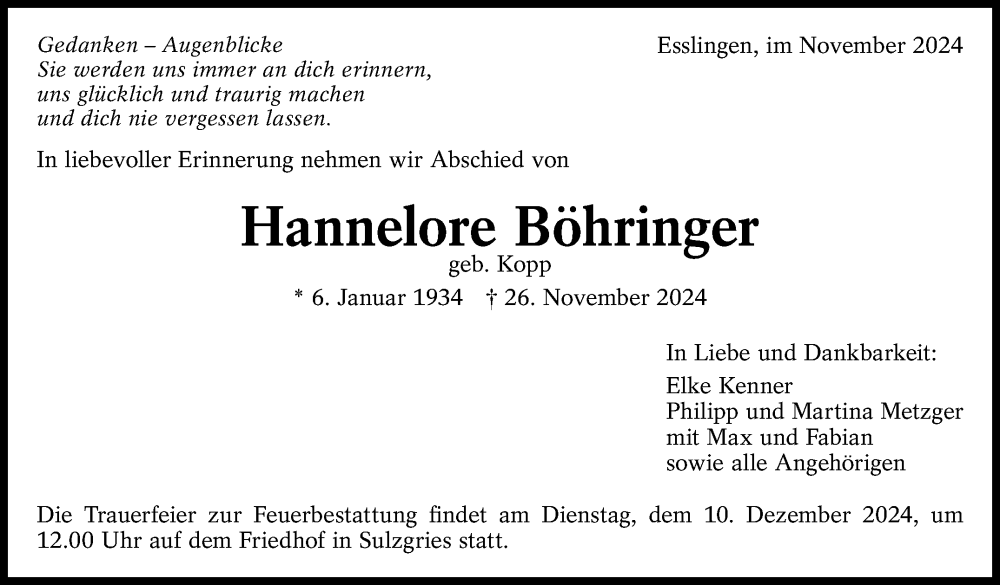  Traueranzeige für Hannelore Böhringer vom 30.11.2024 aus Eßlinger Zeitung/Cannstatter Zeitung
