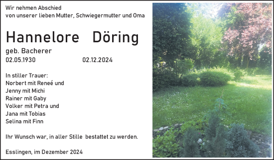 Traueranzeige von Hannelore Döring von Eßlinger Zeitung/Cannstatter Zeitung