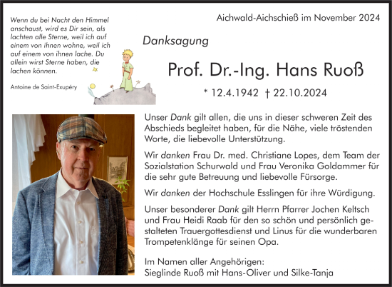 Traueranzeige von Hans Ruoß von Eßlinger Zeitung/Cannstatter Zeitung