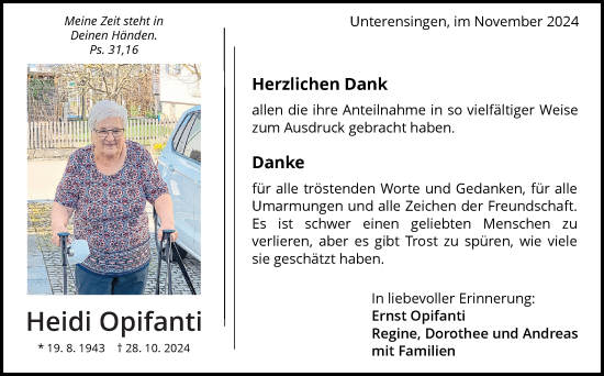 Traueranzeige von Heidi Opifanti von Eßlinger Zeitung/Cannstatter Zeitung