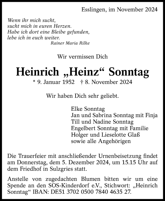 Traueranzeige von Heinrich Sonntag von Eßlinger Zeitung/Cannstatter Zeitung