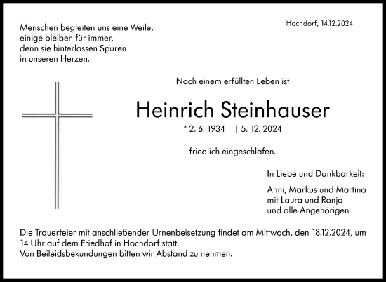 Traueranzeige von Heinrich Steinhauser von Eßlinger Zeitung/Cannstatter Zeitung