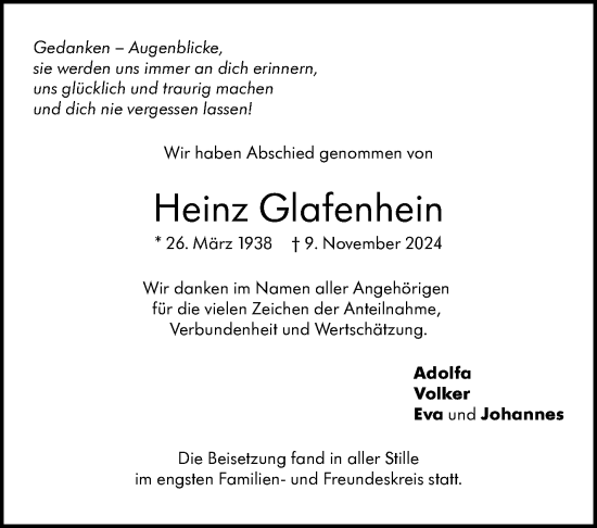Traueranzeige von Heinz Glafenhein von Eßlinger Zeitung/Cannstatter Zeitung