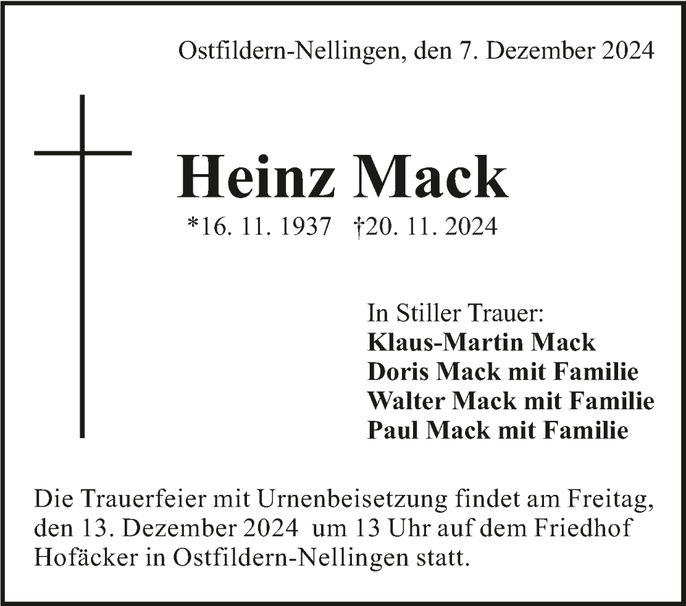  Traueranzeige für Heinz Mack vom 07.12.2024 aus Eßlinger Zeitung/Cannstatter Zeitung