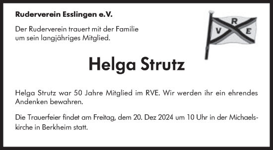 Traueranzeige von Helga Strutz von Eßlinger Zeitung/Cannstatter Zeitung