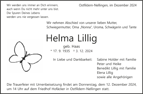 Traueranzeige von Helma Lillig von Eßlinger Zeitung/Cannstatter Zeitung