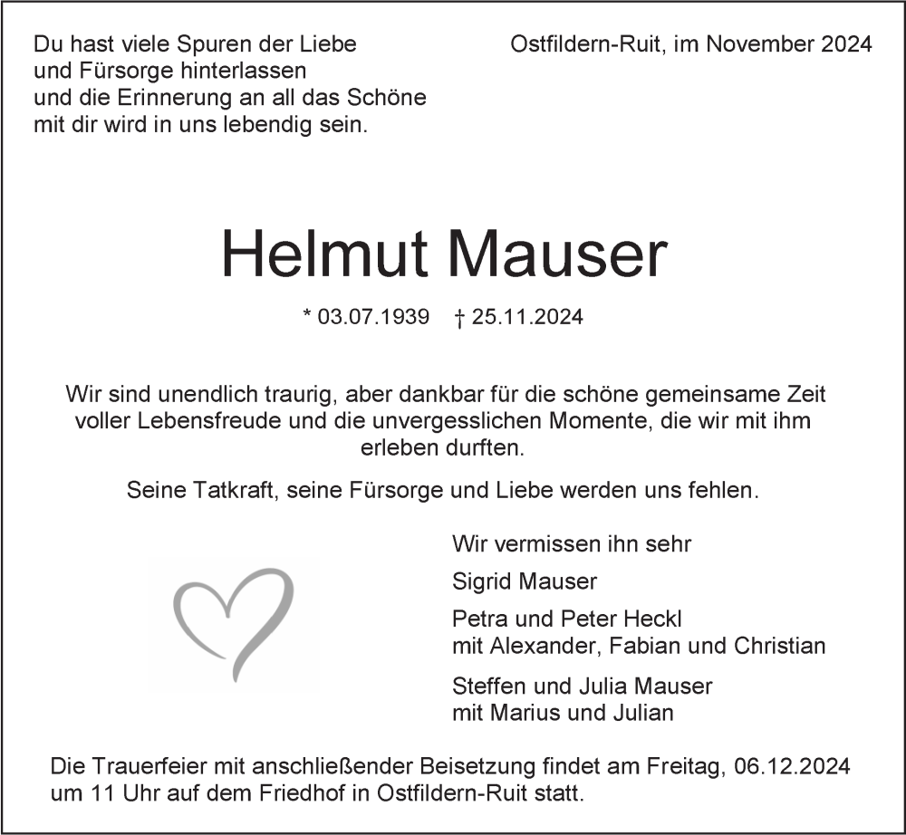  Traueranzeige für Helmut Mauser vom 30.11.2024 aus Eßlinger Zeitung/Cannstatter Zeitung
