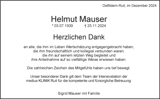Traueranzeige von Helmut Mauser von Eßlinger Zeitung/Cannstatter Zeitung