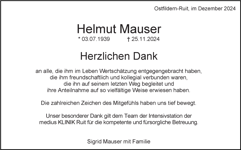  Traueranzeige für Helmut Mauser vom 21.12.2024 aus Eßlinger Zeitung/Cannstatter Zeitung