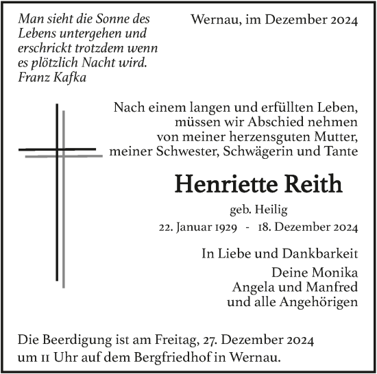 Traueranzeige von Henriette Reith von Eßlinger Zeitung/Cannstatter Zeitung