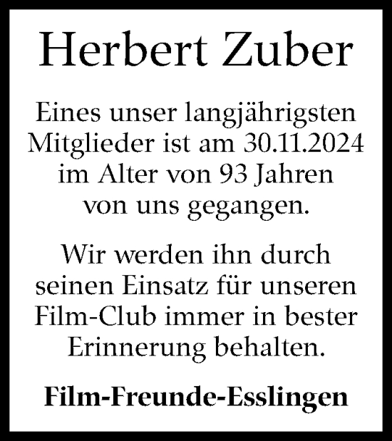 Traueranzeige von Herbert Zuber von Eßlinger Zeitung/Cannstatter Zeitung