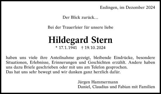 Traueranzeige von Hildegard Stern von Eßlinger Zeitung/Cannstatter Zeitung
