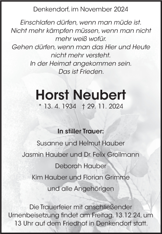 Traueranzeige von Horst Neubert von Eßlinger Zeitung/Cannstatter Zeitung