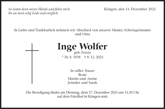 Traueranzeige von Inge Wolfer von Eßlinger Zeitung/Cannstatter Zeitung