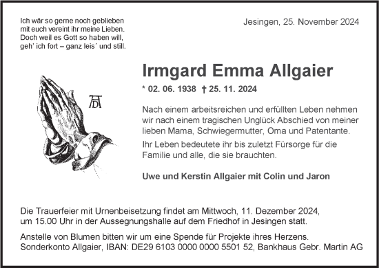 Traueranzeige von Irmgard Emma Allgaier von Eßlinger Zeitung/Cannstatter Zeitung