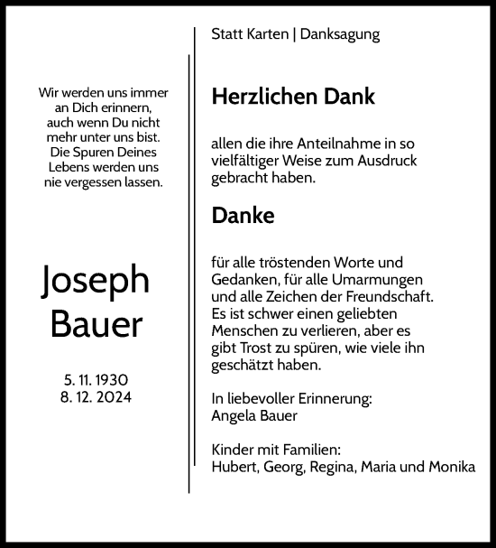 Traueranzeige von Joseph Bauer von Eßlinger Zeitung/Cannstatter Zeitung