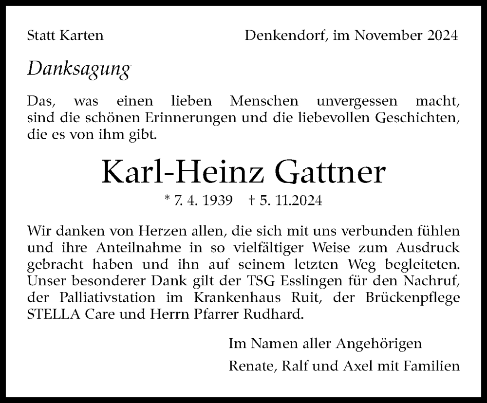  Traueranzeige für Karl-Heinz Gattner vom 30.11.2024 aus Eßlinger Zeitung/Cannstatter Zeitung