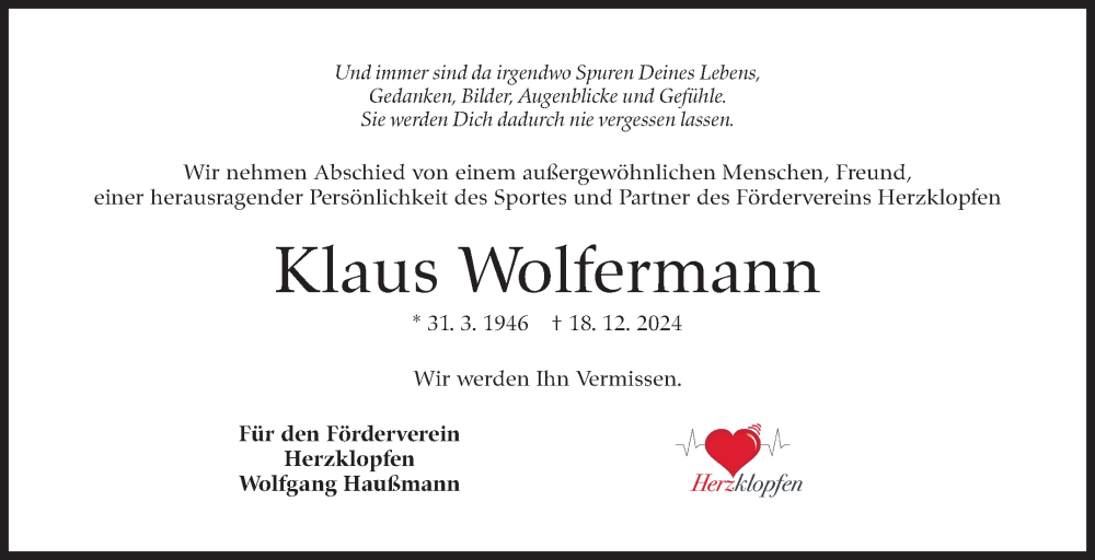  Traueranzeige für Klaus Wolfermann vom 23.12.2024 aus Eßlinger Zeitung/Cannstatter Zeitung