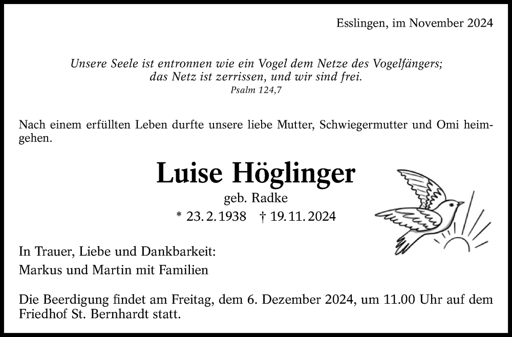  Traueranzeige für Luise Höglinger vom 30.11.2024 aus Eßlinger Zeitung/Cannstatter Zeitung