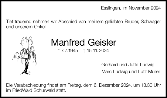 Traueranzeige von Manfred Geisler von Eßlinger Zeitung/Cannstatter Zeitung