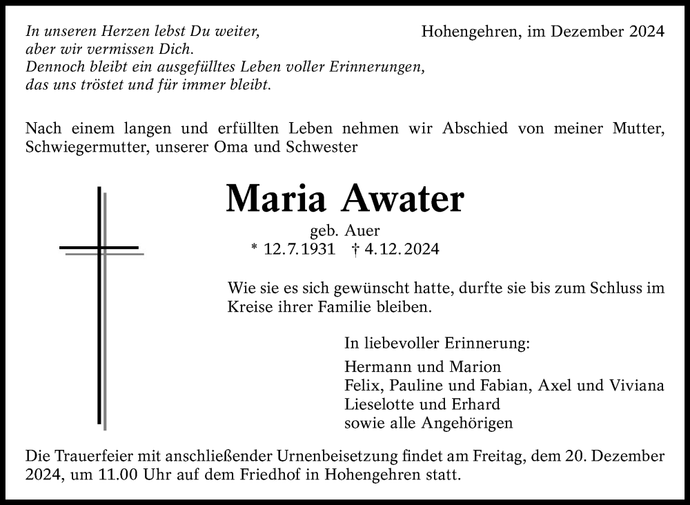  Traueranzeige für Maria Awater vom 14.12.2024 aus Eßlinger Zeitung/Cannstatter Zeitung