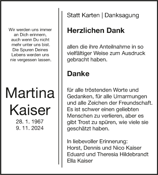Traueranzeige von Martina Kaiser von Eßlinger Zeitung/Cannstatter Zeitung